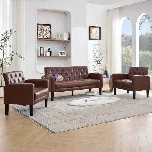 TYBOATLE 62\" W Leather Loveseat w/Chairs, 3 Piece Sofa Sets for Living Room w/ 2 USB Charger Ports and 2 Cupholders, Living Room Furniture Sets of 3 (3, Brown)