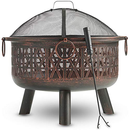 VonHaus Geo Fire Pit Bowl with Spark Guard & Poker – Outdoor Black Steel Garden Patio Heater/Burner for Wood & Charcoal