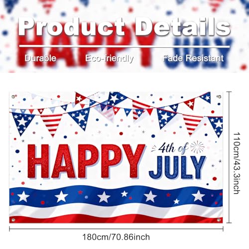 Image of IVN Happy 4th of July Backdrop Banner 71 x 43 Inch USA Flag Bunting Background Photo Booth Backdrop Independence Day Party Decorations Supplies Memorial Day Veterans Day Indoor Outdoor Decor
