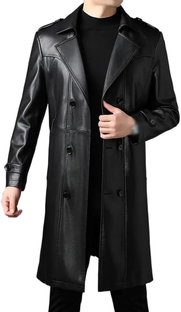Men Leather Jacket Autumn Winter Long Lapel Coat Windbreaker with Belt