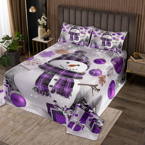 Erosebridal Purple Xmas Quilt Set King Size Snowman Winter Themed Bedspread for Boys Girls Kids Merry Christmas Coverlet Set Happy New Year Bed Set Christmas Decorations Bedding