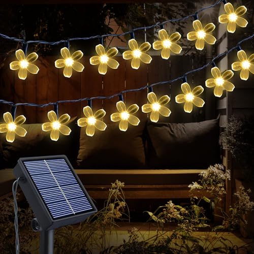 Qoosea Guirnaldas Luces Solares Exterior, 14M 120LEDs Impermeable Luces Flores de Cerezo, 8 Modos Cadena de Luz Exterior Solar Decorativa Jardín Navidad Bodas Patio Festivales