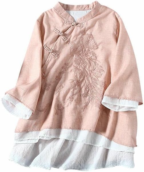 Women's Retro Thin Spring Summer Asymmetrical Frog Button Embroidered 3/4 Sleeve Tea Outfit Top