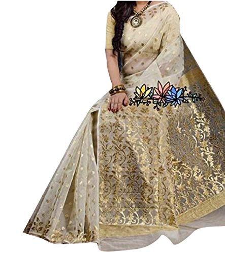 Sari bengalí de algodón Behula Jamdani Dhaka 603 vestido tradicional indio transpirable crema