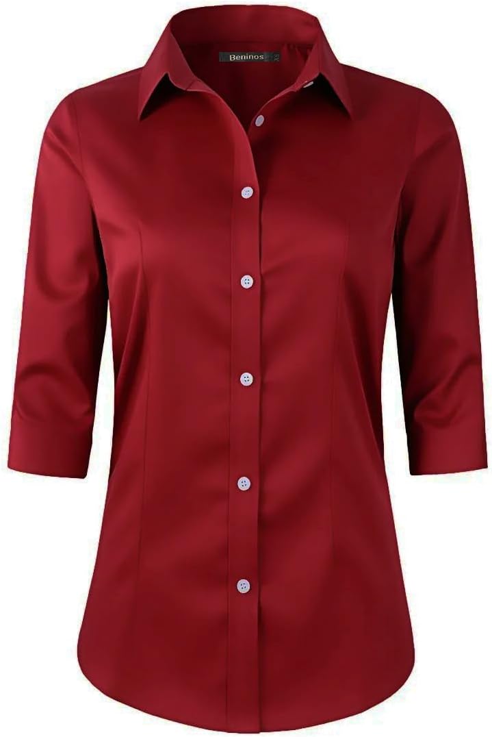 Beninos Women's 3/4 Sleeve Formal Work Wear White Button Down Shirt