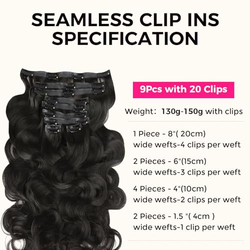 Lashey Clip in Hair Extensions Real Human Hair 150g Body Wave 9pcs Seamless Clip in Hair Extensions, 22 Inch #1B Natural Black 100% Real Soft Human Hair for Women by Lashey - Image 2