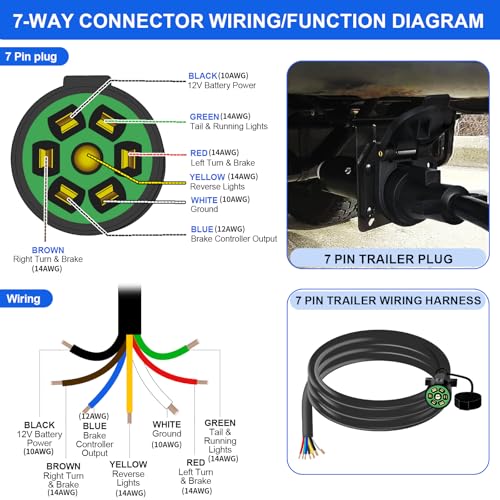Image of 12 Ft 7 Pin Trailer Plug 10-14AWG 7 Way Trailer Plug Brass 7 Pin Trailer Wiring Harness Heavy Duty 7 Wire Trailer Wiring Harness Kit With Dust Cover 7 Way Trailer Wire for Rv Trailer Camper