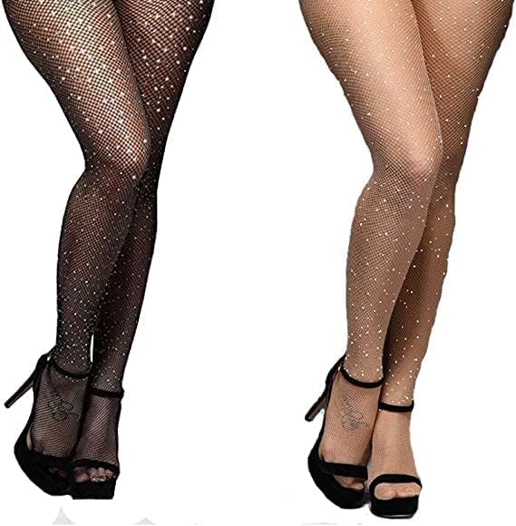 Give me Fishnet Stockings Rhinestone High Waist Sparkly Tights Combo for Women - Black and Beige Color Both