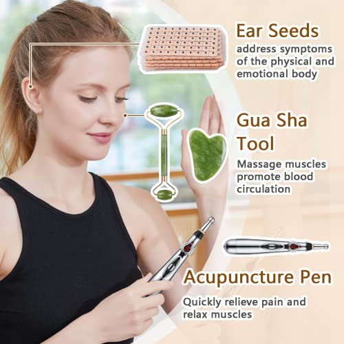 Acupuncture Super Set: 5-Head Electronic Acupuncture Pen+ Gua Sha Tool+600 Ear Seeds+ Retractable Acupuncture Pen+ 4 X Extra Massaging Gel+ Tweezers + Manual+ Batteries + 2 X Acupoint Chart #TOP4