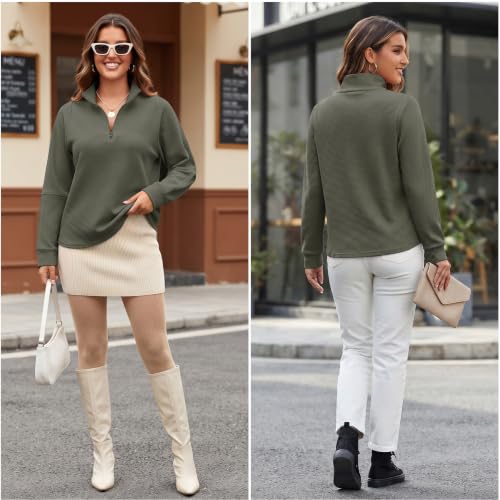 ECOWISH Quarter Zip Women Tunics Tops Oversized Textured V Neck Pullovers - image 2