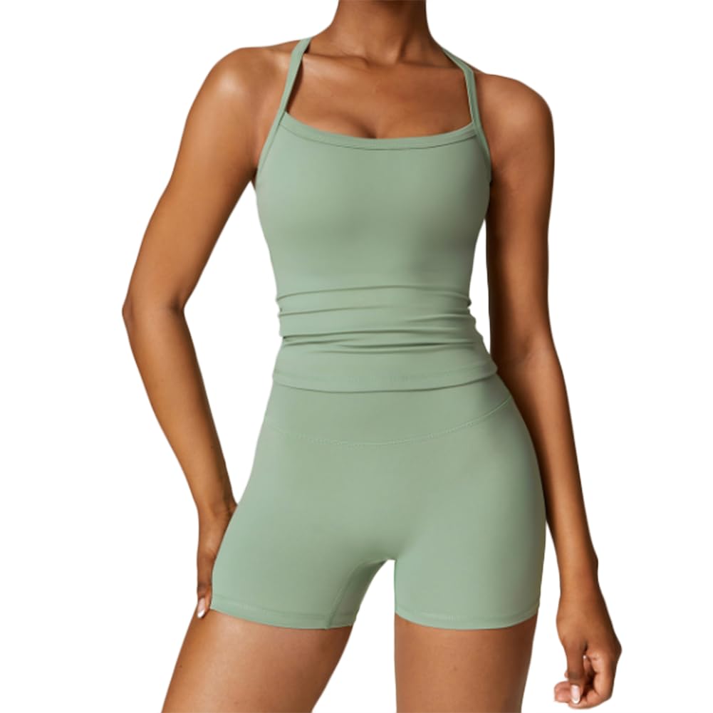 JPXJGT Workout Cross Strap Fitness Vest High Waist Tight Fit Yoga Shorts Yoga Set(Size:L,Color:Green)