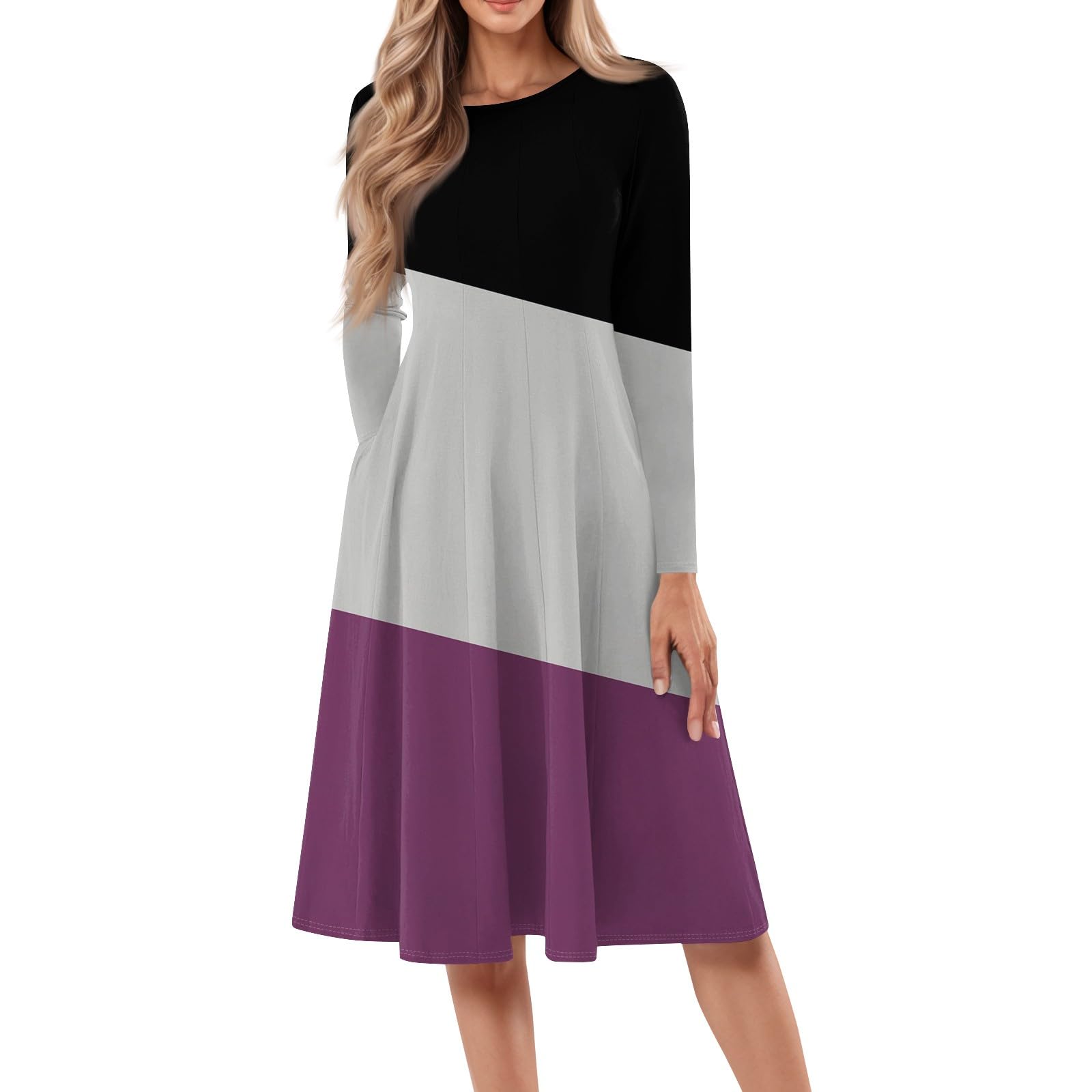 Women's 2024 Casual Fall Long Sleeve Midi Dress Round Neck Ruffle Hem Elastic Waist Floral Print Flared Dresses