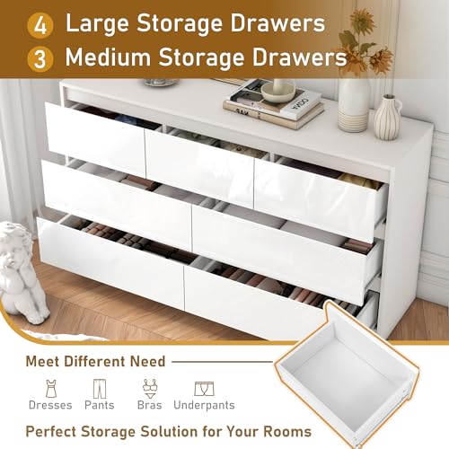 White Malm Dresser for Bedroom, 55 Inch Long Dresser High Gloss Dresser with 7 Drawers, Modern Large Wood Chest of Drawer Handle Free, Dresser for Kids Bedroom, Living Room, Entryway, Hallway, White - Thumbnail 4