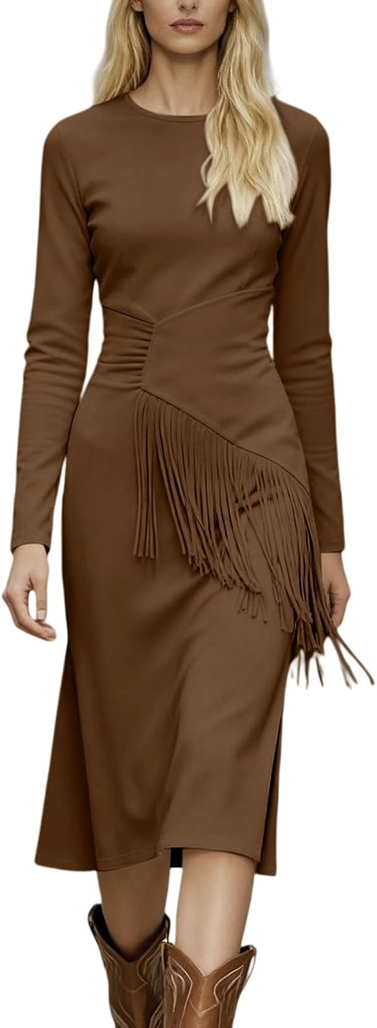 Women's Vintage 70s Suede Midi Dress Tassel Long Sleeve Crewneck Western A-Line Cowgirl Party Dresses