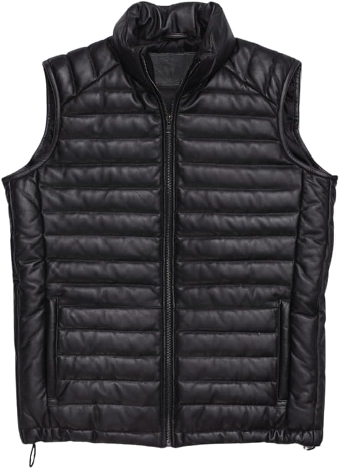 Mens Down Puffer Vest real lambskin leather Waistcoat Quilted Goosy Down Bubble Jacket