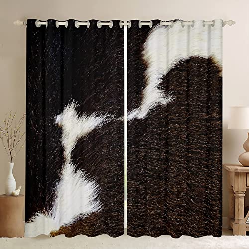 Black White Cow Fur Curtain Cowhide Window Drapes Western Farmhouse Animal Hair Window Treatments For Kids Boys Girls Adult Bedroom Decor Rustic Spotted Cow Texture Curtain 42"X84",2 Panels #TOP20