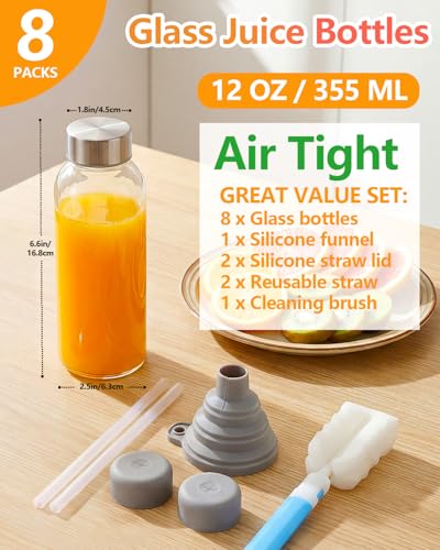 Image of Zukro 12 oz Glass Juice Bottles with Lids, Airtight & Leak proof, Reusable Clear Small Glass Bottle With Stainless Steel Cap for Juicing, Water, Smoothie & Milk, Dishwasher Safe & BPA Free, 8 Pack