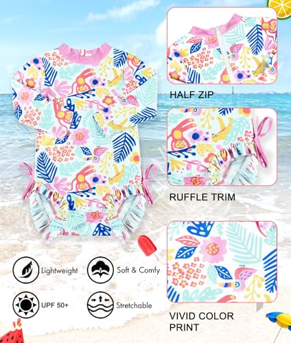 Image of BesserBay Adorable Tropical Floral Monkey Zip Up Swimwear Sun Protection Swimsuit for Toddler Girl 18-24 Months
