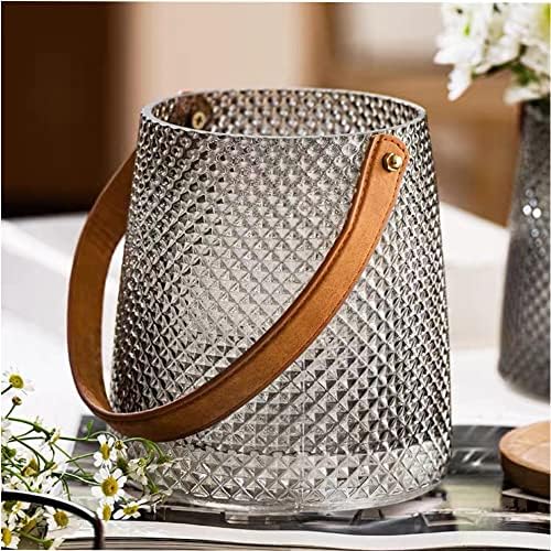 Gray Glass Flower Vase with PU Leather Handle for Home Office Decor Ins Looks Glass Jar Decorative Gift for Mother, Girlfriend (S, Gray)