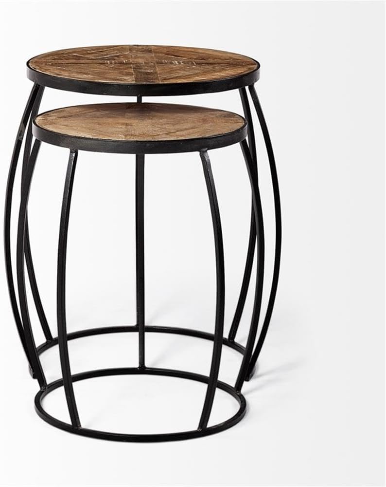 Pemberly Row Set of 2 Nesting Accent Tables, Round Honey-Brown Mango Wood Tops, Matte Black Iron Frames, Space-Saving Demi-Lune Design, Rustic Style for Living Room or Industrial Spaces