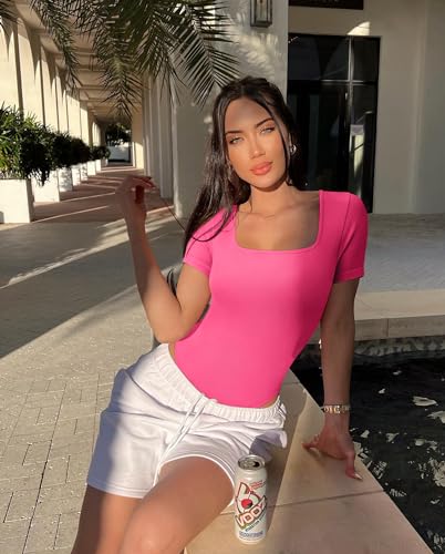 Image of OQQ Women's 2 Piece Bodysuits Sexy Ribbed One Piece Square Neck Short Sleeve Bodysuits