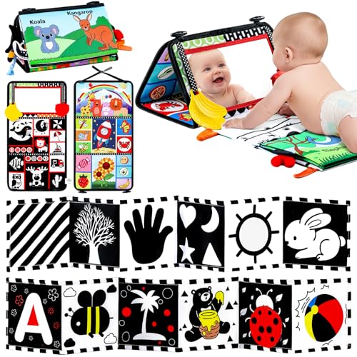 Image of 3PCS High Contrast Black & White Baby Toys - Tummy Time Mirror Infant Toys with Crinkle Cloth and Teether, Visual Stimulation Sensory Books for Newborns 0 3 6 12 Months, Shower Gift, Stocking Stuffers