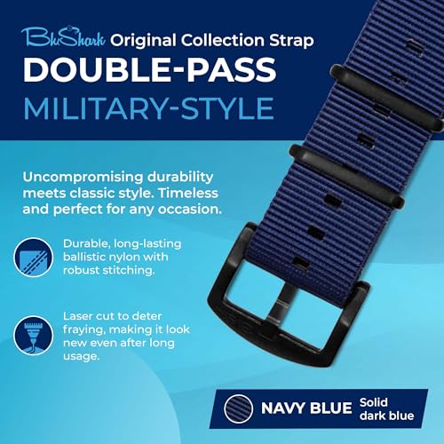 Image of BluShark - Original Collection Military-Style Waterproof Watch Strap, Fits All Timepiece Brands, Durable Nylon Wristwatch Accessories with Stainless Steel Buckle - 18mm, 20mm, 22mm & 24mm Watch Bands