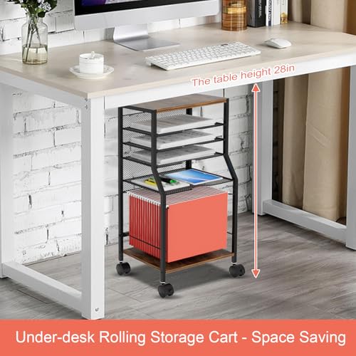 BOHDK Rolling File Cart, 6-Tier Under Desk Organizer on Lockable Wheels, Brown Wood Planks & Mesh File Cart with Hanging File Folders Rack and Paper Trays for Office Home, 14.7\" L x 11.8\" D x 27.5\" H
