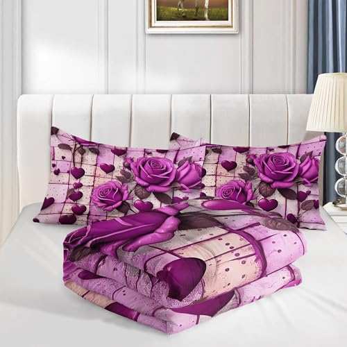 Image of AILONEN Purple Rose Comforter Set Full Size for Girls Women,Romantic Hearts Bedding Set for Bedroom Decor,3-Piece Cute Floral Quilt with 2 Pillowcases