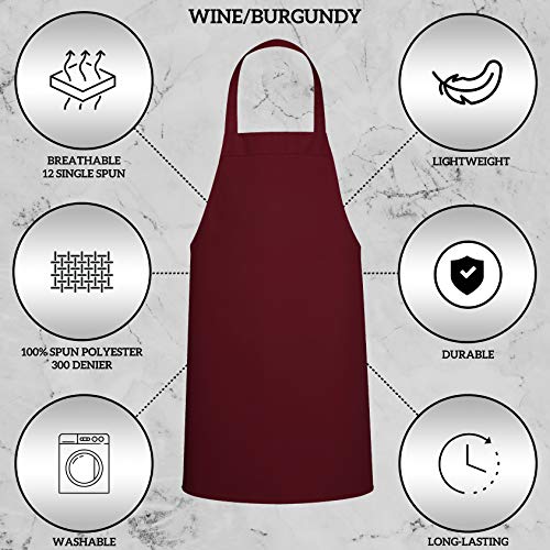 Image of GREEN LIFESTYLE 12 Pack Professional Chef Apron - Grilling Aprons for Men, Waterproof Cooking Apron for BBQ, Work or Restaurant Use, Kitchen Aprons for Women - Burgundy, No Pockets
