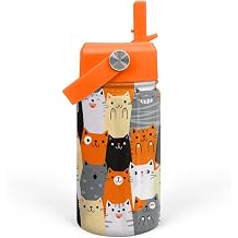 SANDJEST Cat Water Bottle - Kids Water Bottle with Straw Lid - 12 Oz Insulated Stainless Steel Water Bottles for Kid Boys Girl - Travel Cup for School Sports