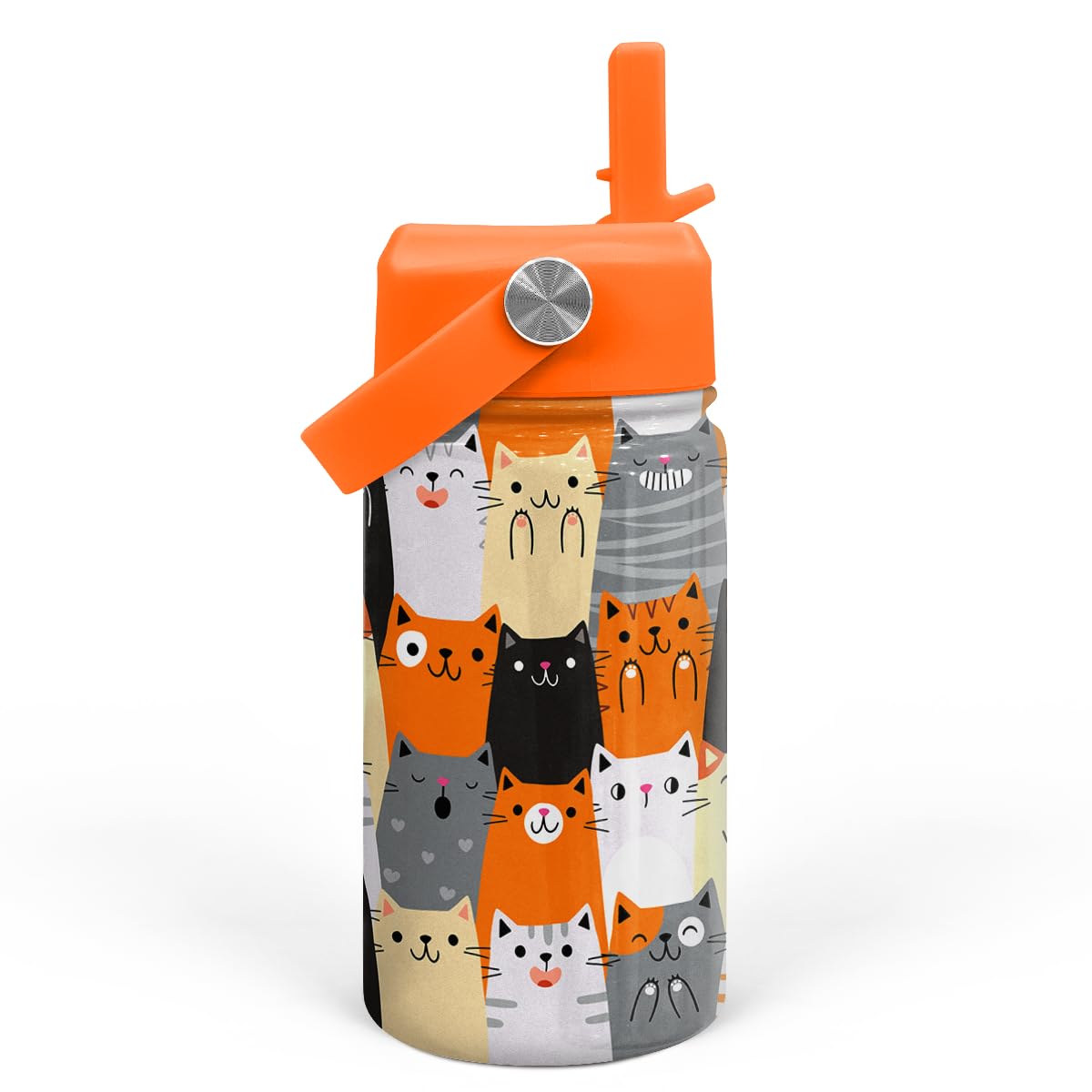 SANDJEST Cat Water Bottle - Kids Water Bottle with Straw Lid - 12 Oz Insulated Stainless Steel Water Bottles for Kid Boys Girl - Travel Cup for School Sports