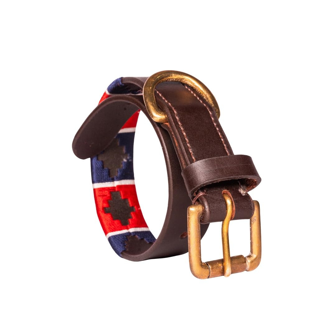 Vaibhavi Genuine Leather Polo Dog Collar with Metal Buckle Waxed Embroidered Soft and Durable Leather Collars Adjustable for Large Dogs (Navy and Red, Large)