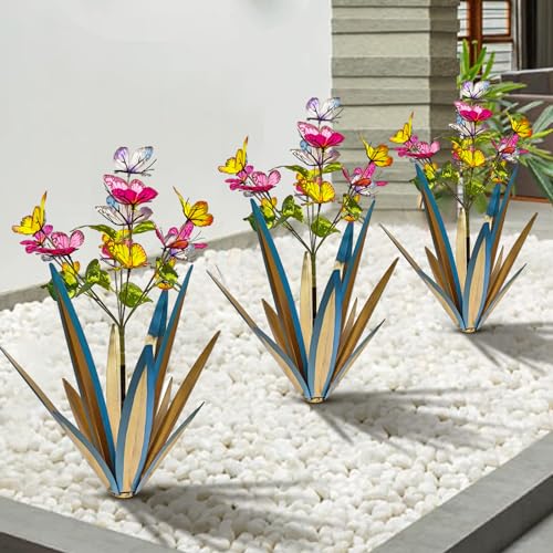 Image of TOMBABY Garden Outdoor Butterfly Enlarge Thickened Wind Resistant Metal Agave Garden Art Metal Plant Country Sculpture Statue Decorations Ornaments Artificial Waterproof Butterflies(Blue 2pcs)