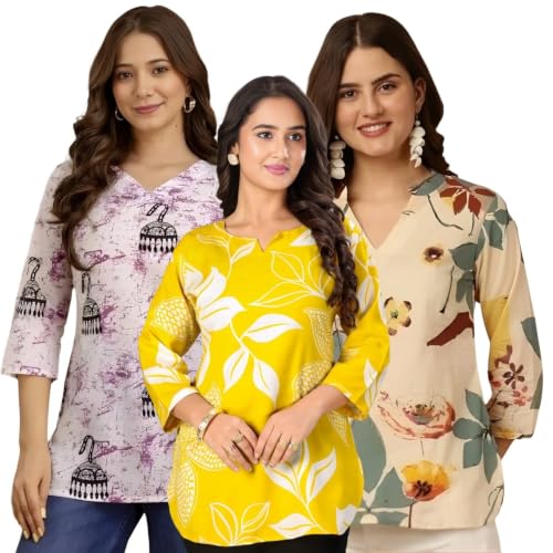 Image of Women's Printed Short Kurti Tops Rayon Cotton Blend Tunic Combo