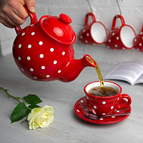 City To Cottage Handmade Red And White Polka Dot Ceramic Teapot Set, Large 1,7L/60Oz/4-6 Cup Teapot, Milk Jug, Sugar Bowl, Four Cups And Saucers Tea Set, Pottery Housewarming Gift For Tea Lovers #TOP3