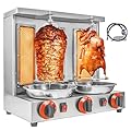 XGN Shawarma Machine 3 Burners Kebab Grill Vertical Rotisserie with 2 Auto Spinning spits for Meat Rotisserie, Chicken Roast, Silver