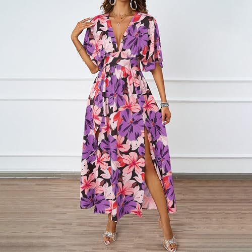 Image of Women's Floral Print Boho Dress Side Split Deep V Neck Short Sleeves Maxi Dress A-Line Flowy Maxi Dresses