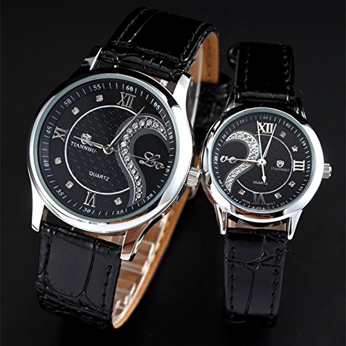 Juego de 2 relojes de pulsera analógicos de cuarzo para hombre y mujer de San Valentín, para amantes, Cuero negro 6