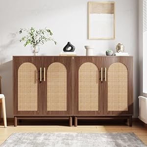 Tribesigns Set of 2 Rattan Sideboard Buffet Cabinet with Storage 59 Inch Accent Cabinet with Doors Storage Cabinet for Dining Room Living Room Kitchen Rattan and Dark Brown