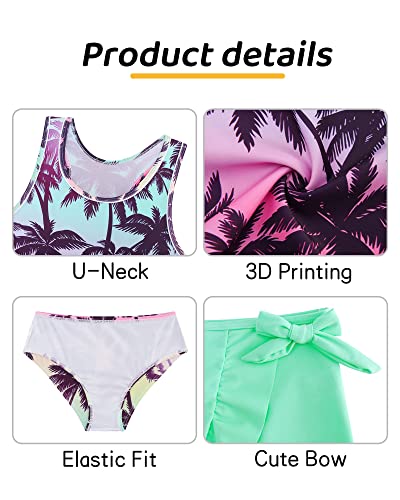 Cutemile Girls Swimsuit 3 Piece Bathing Suit Quick Dry Tankini Set with Cover Up Beach Skirt Bikini Swimwear 6-12 Years3
