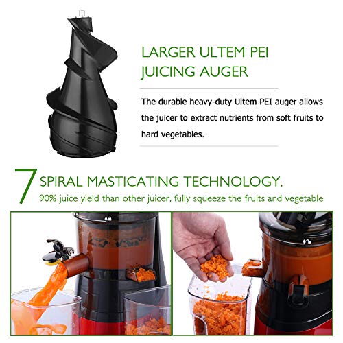 Caynel Slow Masticating Juice Extractor,Cold Press Juicer Machine with 3" Wide Chute for Fruit and Vegetable,High Yield Vertical Juicer,BPA Free(Red) - Thumbnail 2