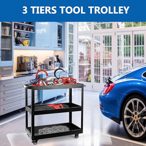 Crystals 3-Tier Tool Storage Organiser with Lockable Wheels, Garage Service Cart with Handle, DIY Storage Trolley (Black) - Image 7