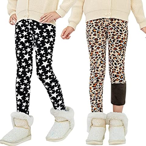 Bobiano Girls Fleece Lined Leggings Kids Winter Warm Full Length Pants for 3-12 Years, 2 Pack-star&leopard, 9-10 years Cover