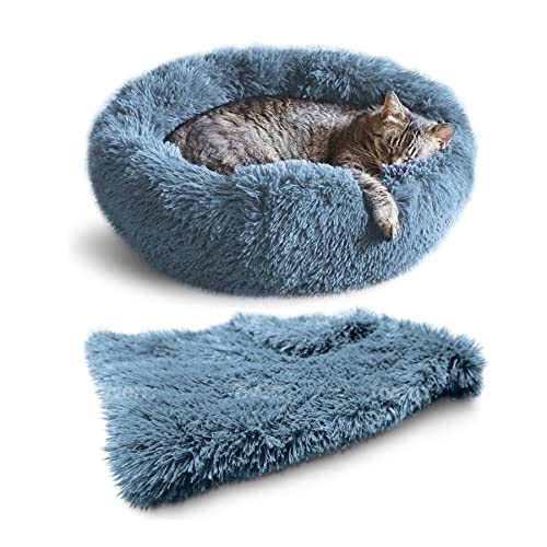 Whiskers & Friends Cat Bed Dog, Cat Beds for Indoor Cats, Orthopedic Soft Fluffy Round Calming Pet Bed for Small to Large Kitty Kittens & Dogs, Small Dog Beds & Furniture - with Blanket