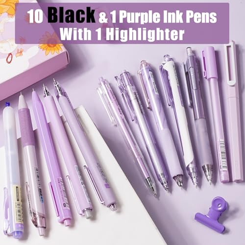 Image of Four Candies Gel Pen Set, Cute Writing Pens with 0.5mm Fine Tip, Black & Purple Ink Pens with Highlighter, Aesthetic Stationery Supplies for School, Office, Pack of 12 - Lavender Series | Back to School Supplies, Office Essentials for Women, Girly Stationery Set, Aesthetic Desk Decor & Accessories - Lavender