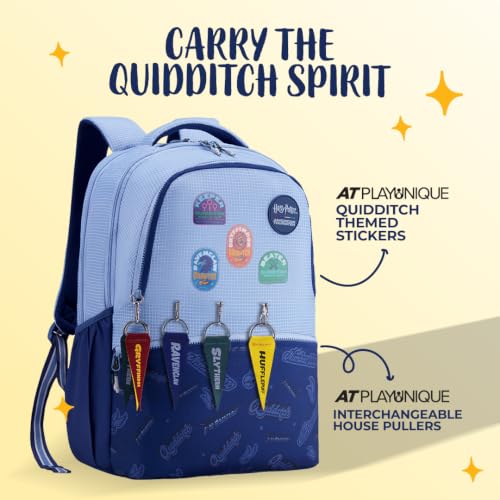 Image of Harry Potter x American Tourister Quidditch Backpack | 33L Bag | AT Playunique Interchangeable Puller House Collection & Stickers | School Bag for Girls & Boys | Blue Denim | 1 Yr Global Warranty