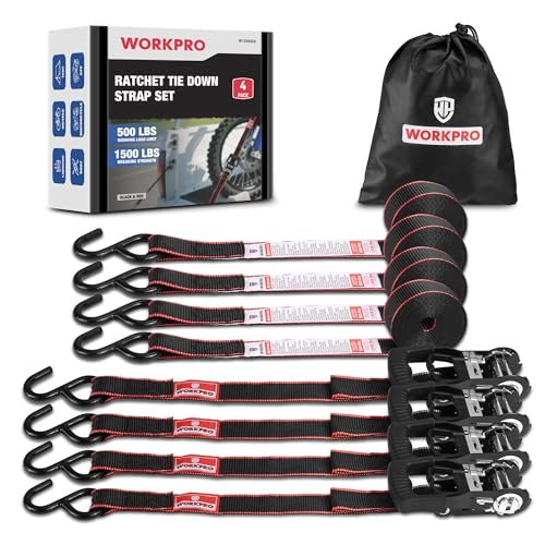WORKPRO Ratchet Tie Down Straps 4-Pack | 1 x 12 | 1500 lbs Break Strength Heavy Duty Ratchet Straps Fits for Moving Appliances Motorcycle ATV Truck (Black&Red)