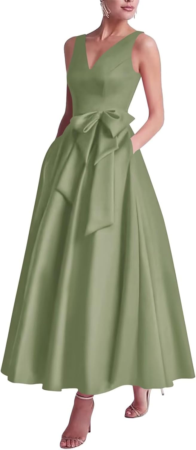 Satin Mother of The Bride Dresses with Bow V Neck A-Line Tea Length Formal Gowns