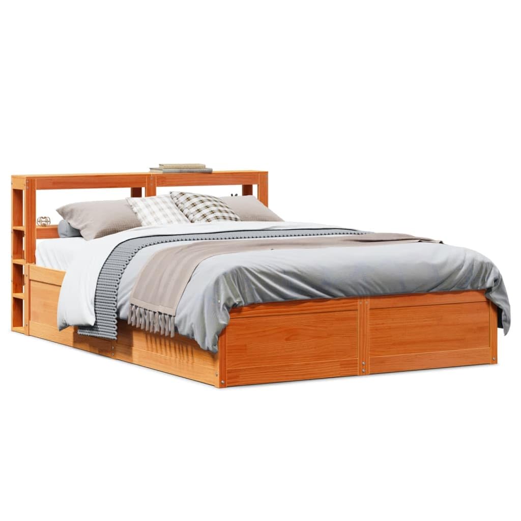 Łóżko z litego drewna sosnowego z zagłówkiem w kolorze brązowym, 135 x 190 cm, stabilna rama łóżka ze stelażem, wolnostojące, z półkami, idealne do spokojnego snu i sypialni